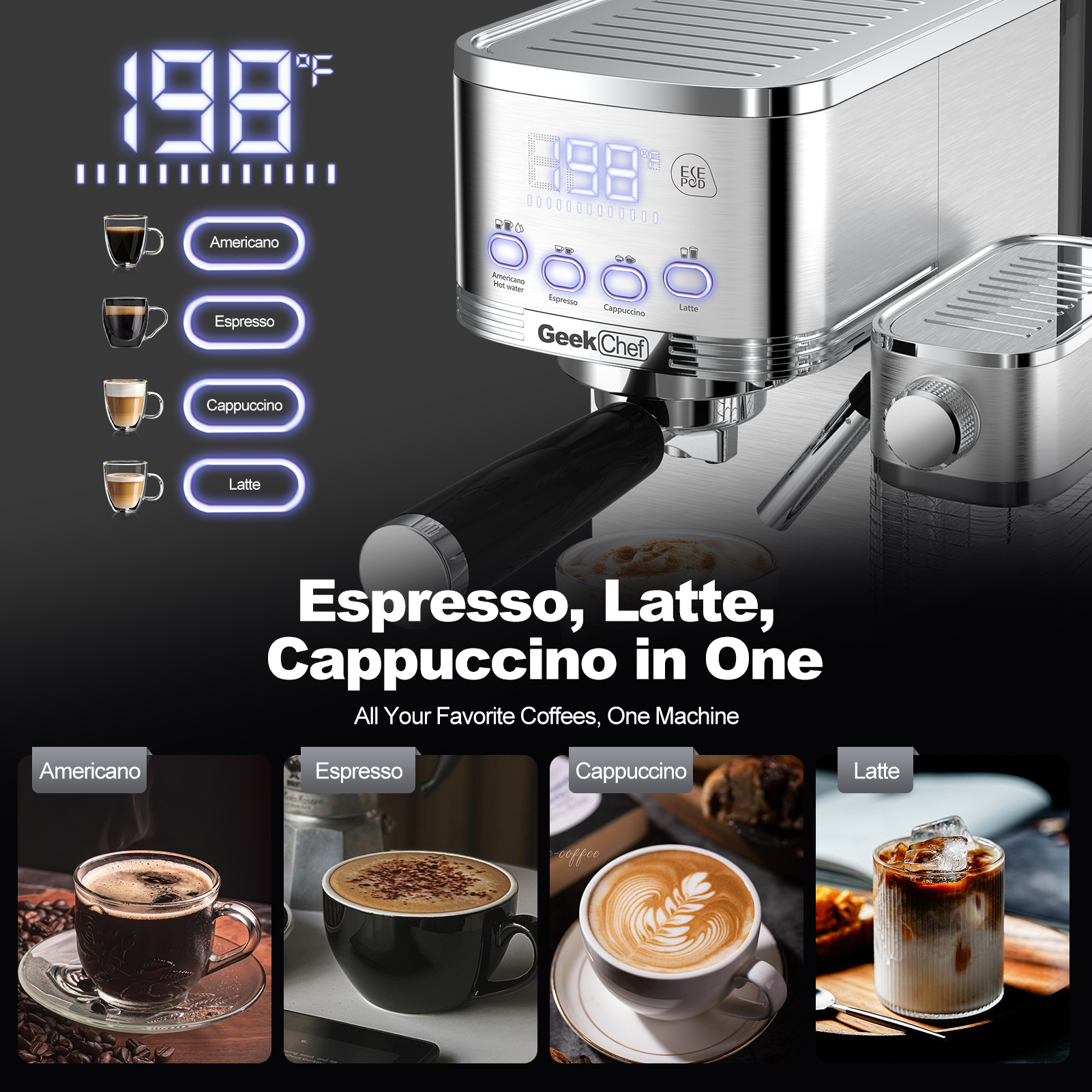 Geek Chef Espresso And Cappuccino Machine With Automatic Milk Frother, 20Bar Espresso Maker For Home, For Cappuccino Or Latte, with ESE POD Filter, Stainless Steel, Gift For Coffee Lover Ban On Amazon