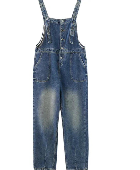Literature And Art Solid Color Retro Large Women's Loose Denim Suspenders Blue - Shop at LoveMi