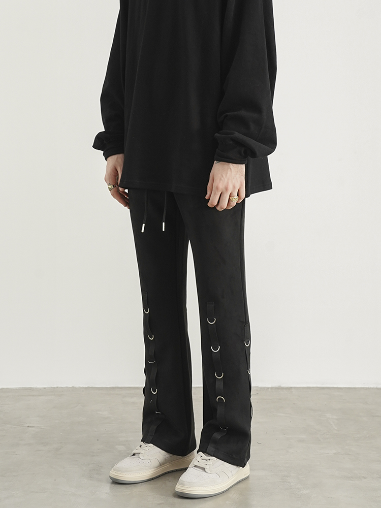 Suede Leather Hoop Embellished Micro-flared Trousers