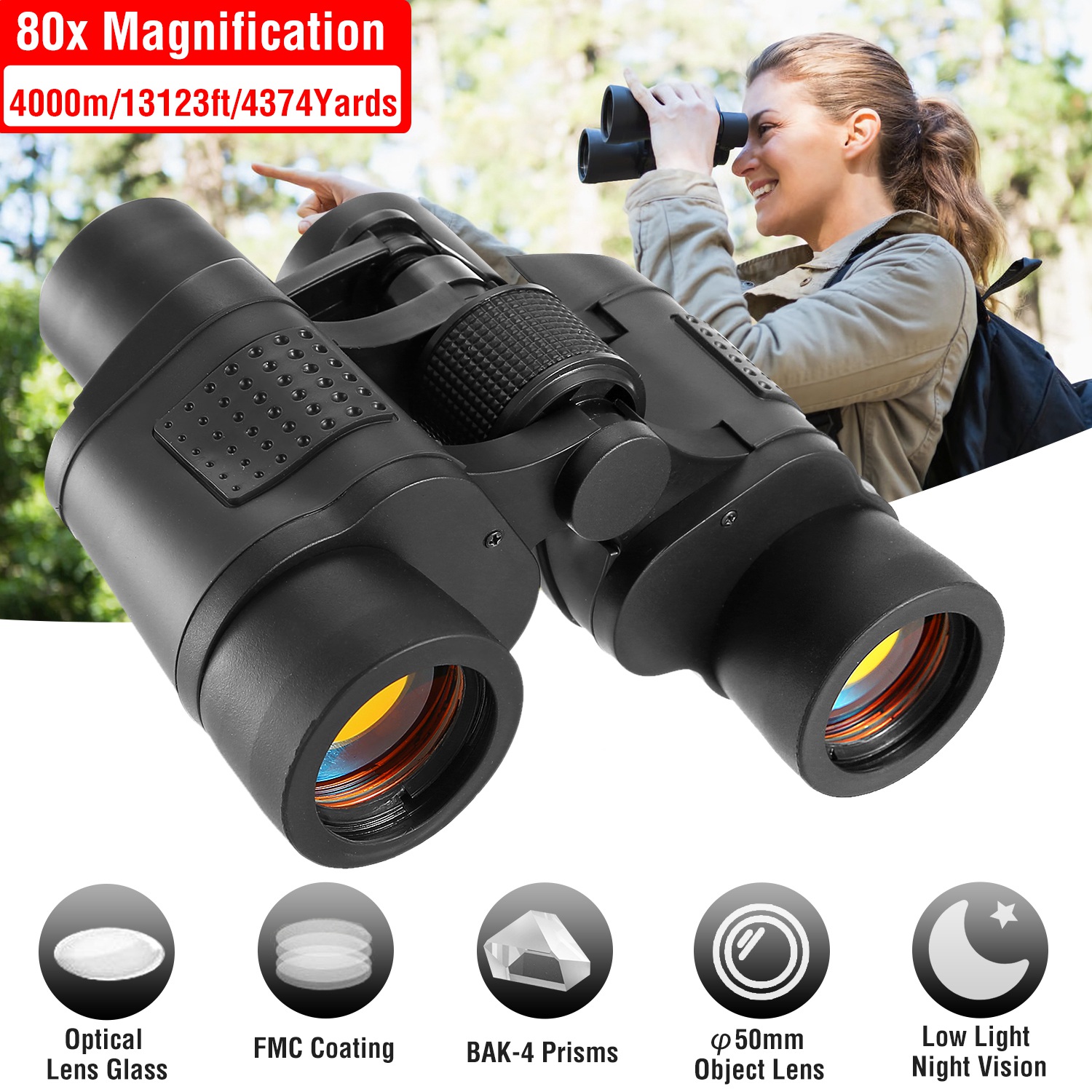 Portable HD Binoculars With FMC Lens Low Light Night Vision Telescope For Bird Watching Hunting Sports Events Concerts Adventure With Shoulder Strap Bag For Spring Summer Outdoor Adventure — foto 6