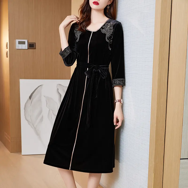 Ladies Autumn And Winter Gold Velvet Dress