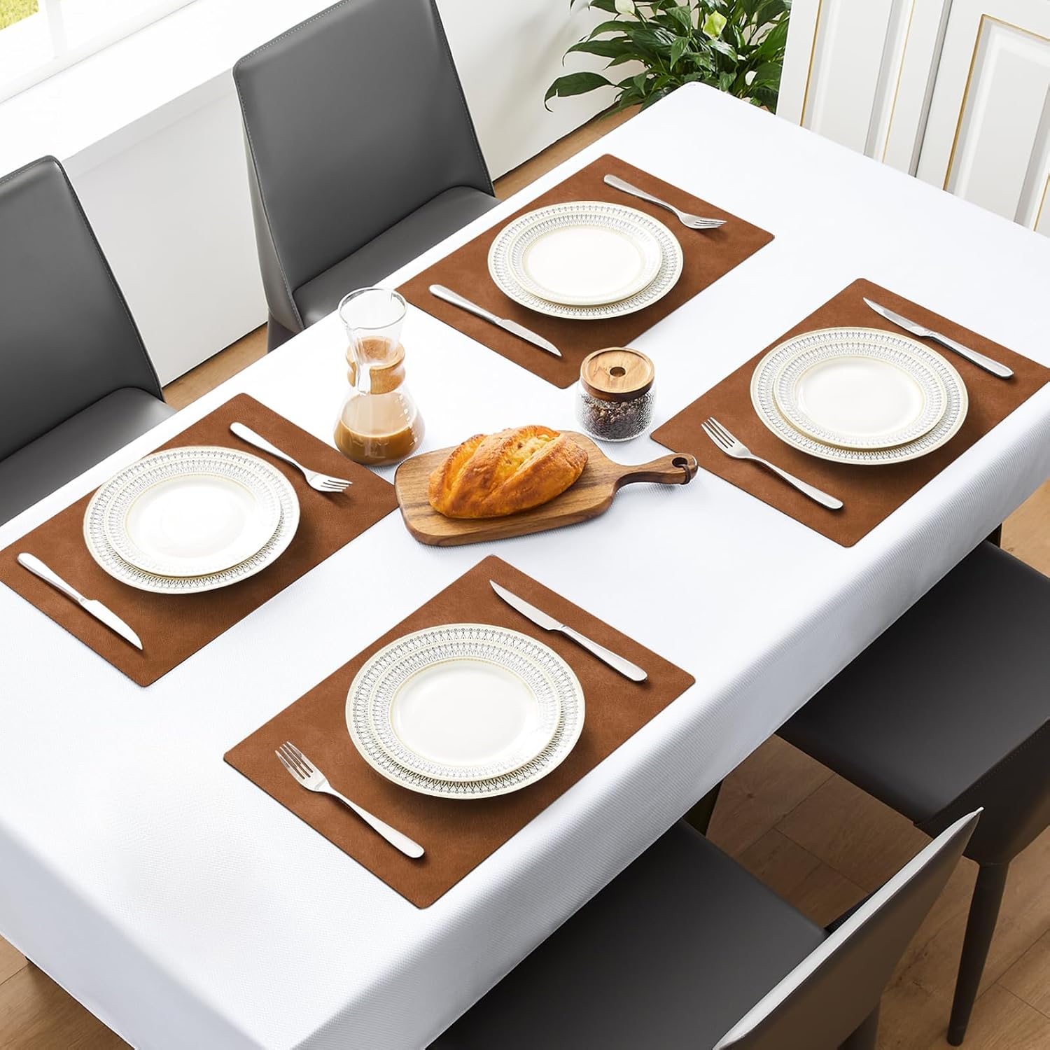 Faux Leather Placemats 6 PCS, Reddish Brown Vinyl Dining Table Mats For Kitchen, Dining Room And Home Table Decor 3