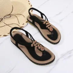 Bohemian Wooden Bead Woven Plus Size Flat Shoes - Black - View 1