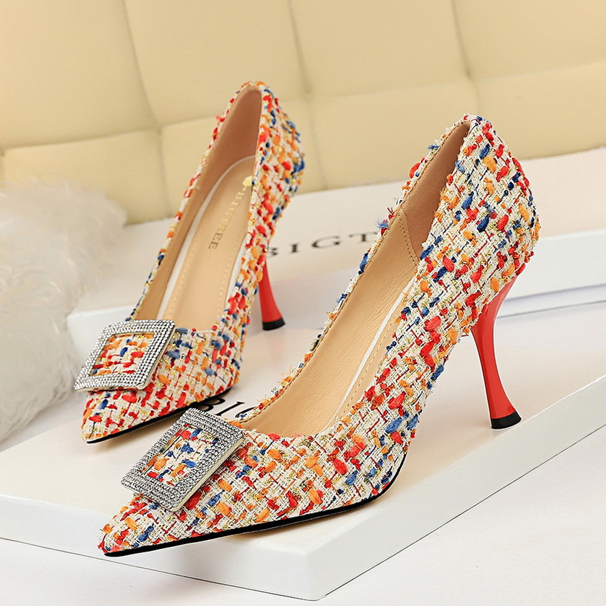 Shallow Mouth Pointed Toe Color-blocking Cloth Metal Rhinestone Square Buckle Single Shoes