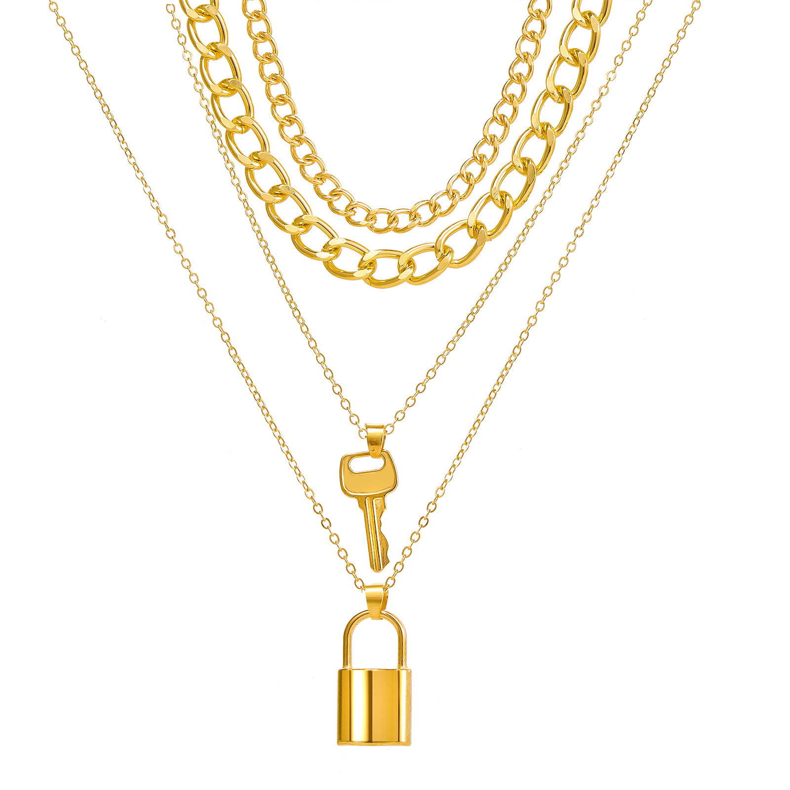 Personality Trend Thick Chain Creative Key Lock Pendant Four Layer Necklace
