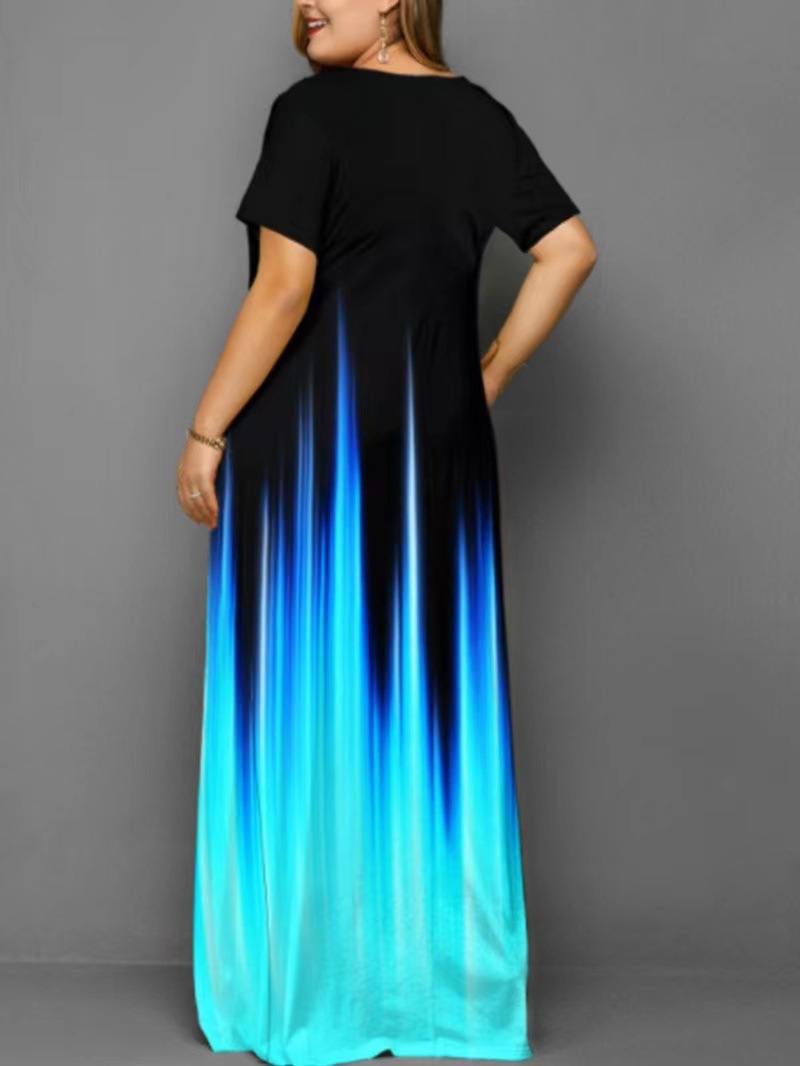 Positioning Printed V-neck Short-sleeved Plus Size Pocket Dress Long Skirt