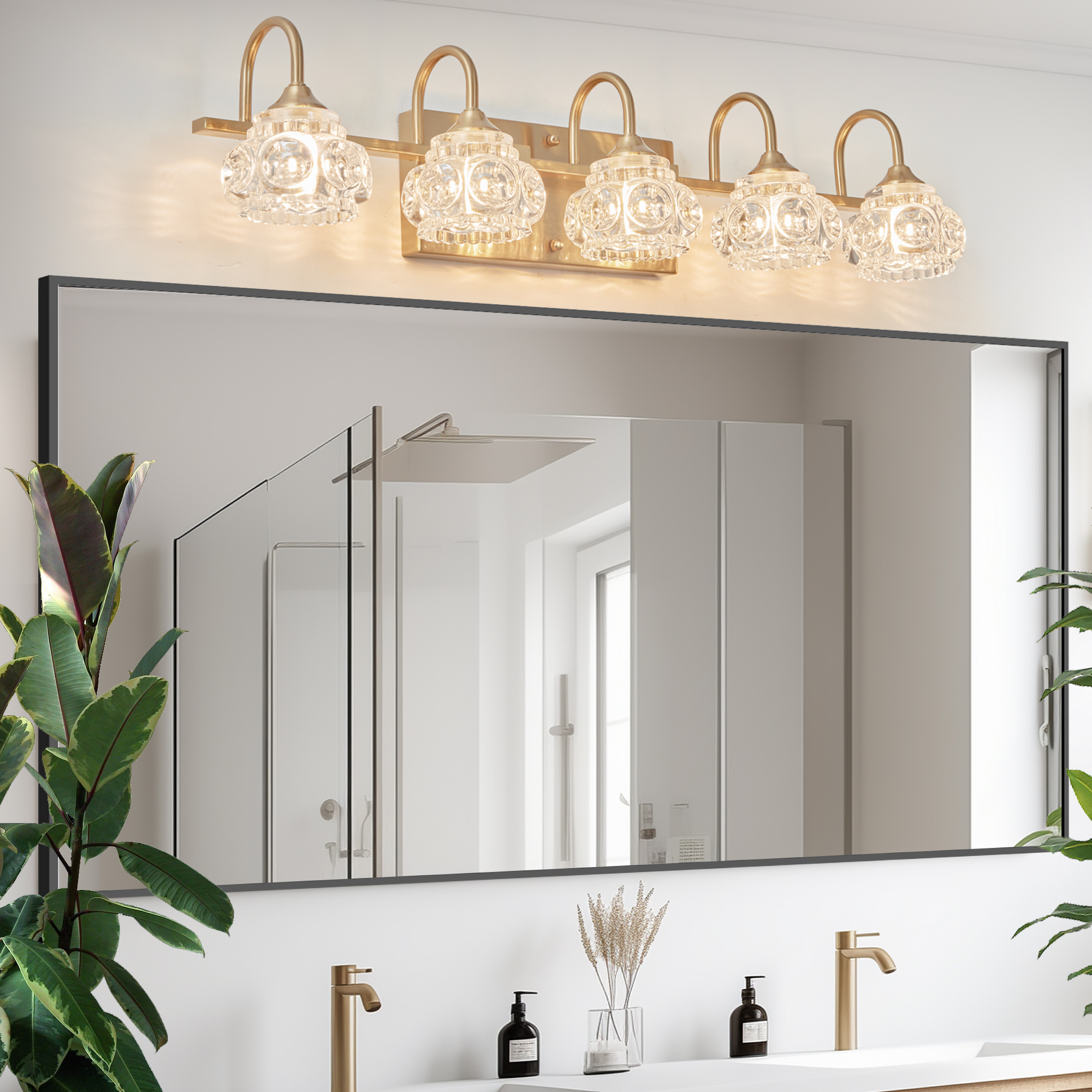29 Modern Crystal Bathroom Vanity Light, 5-Light Golden Wall Sconce With Clear Glass Shade, Elegant Wall Mount Lighting For Bathroom, Powder Room, Or Vanity Mirror No Bulbs