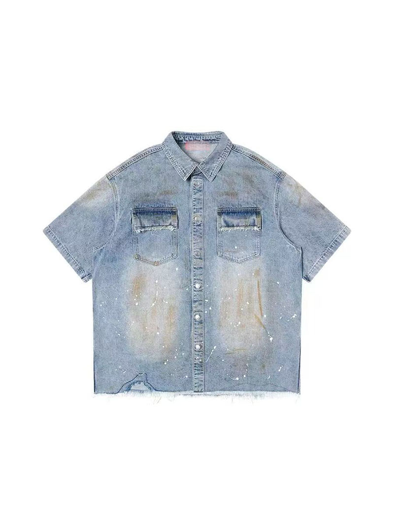 Oversized Denim Shirt Men Vintage Distressed Short Sleeve Streetwear Jean Top Ready To Ship From US