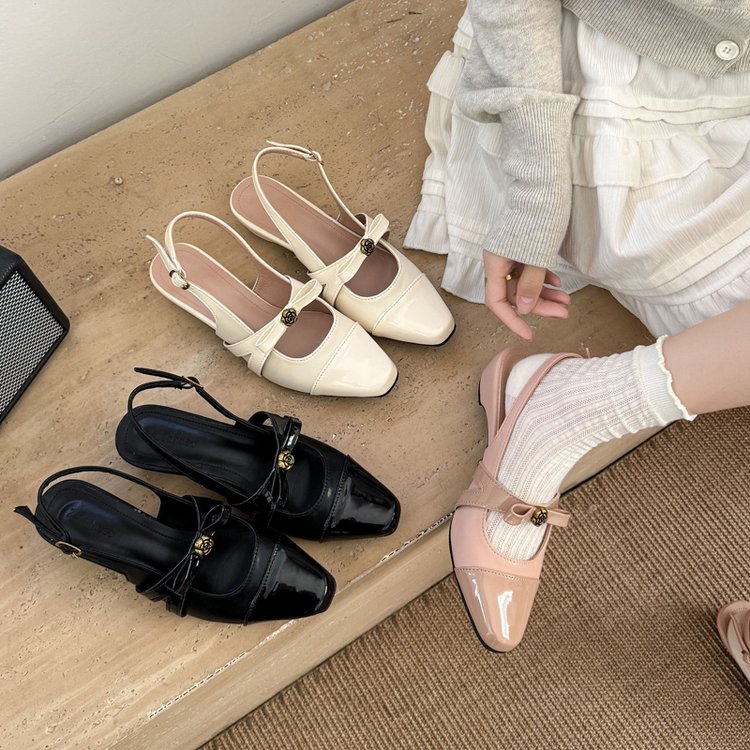 Women Two Tone Square Toe Slingback Flats Vintage Metal Flower Buckle Bow Ornament Mary Jane Pumps Patent Cap Toe Adjustable Back Strap Low Heel Dress Shoes For Daily Commute