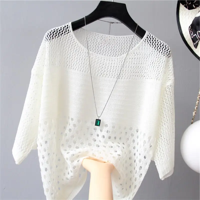 New Women's Loose Scoop Neck Thin Hollow Knit Blouse