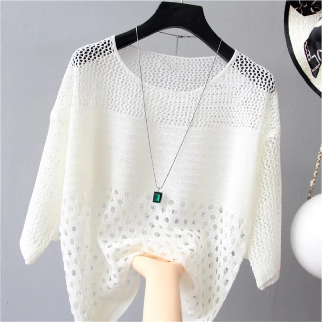 New Women's Loose Scoop Neck Thin Hollow Knit Blouse Beige - Shop at LoveMi