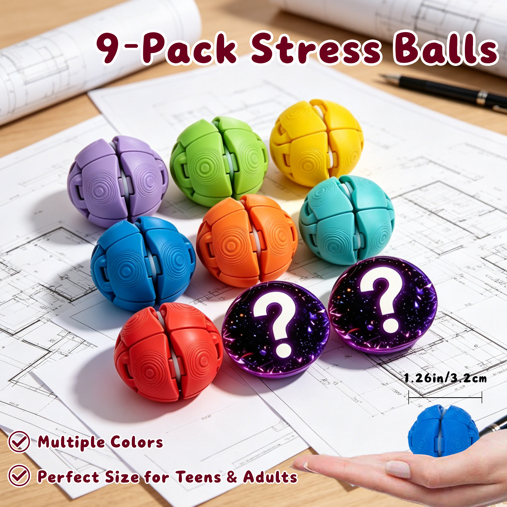 9PCS 3D Printed Fidget Balls, Colorful Stress Relief Sensory Toys With Elastic Bands, Push Pull Decompression Balls For Adults And Teens — view 6