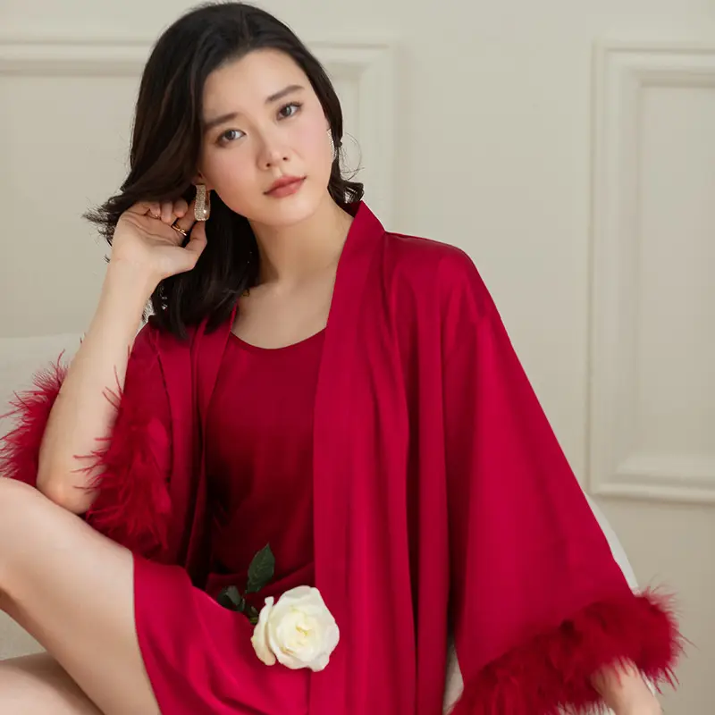 Women's Ice Silk Feather Pajamas Two Piece