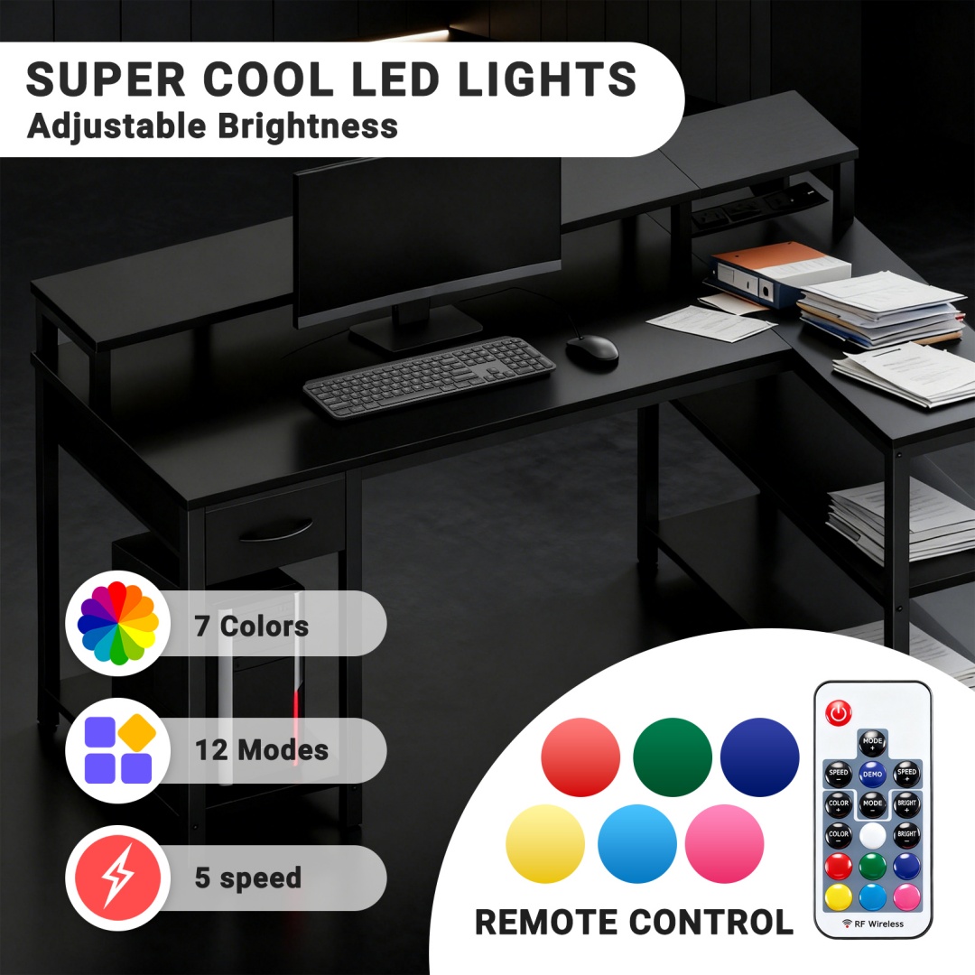 53-inch Gaming Table With USB Charging Port And LED Light, Reversible L-shaped Table With Power Socket And Monitor Stand image 6