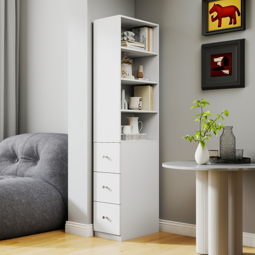 70.87 H Display Storage Cabinet , 4-Tier Shelf, 3 Side Drawers , Modern Wooden Tall Bookshelf Bookcase For Living Room Home Office - Image 1