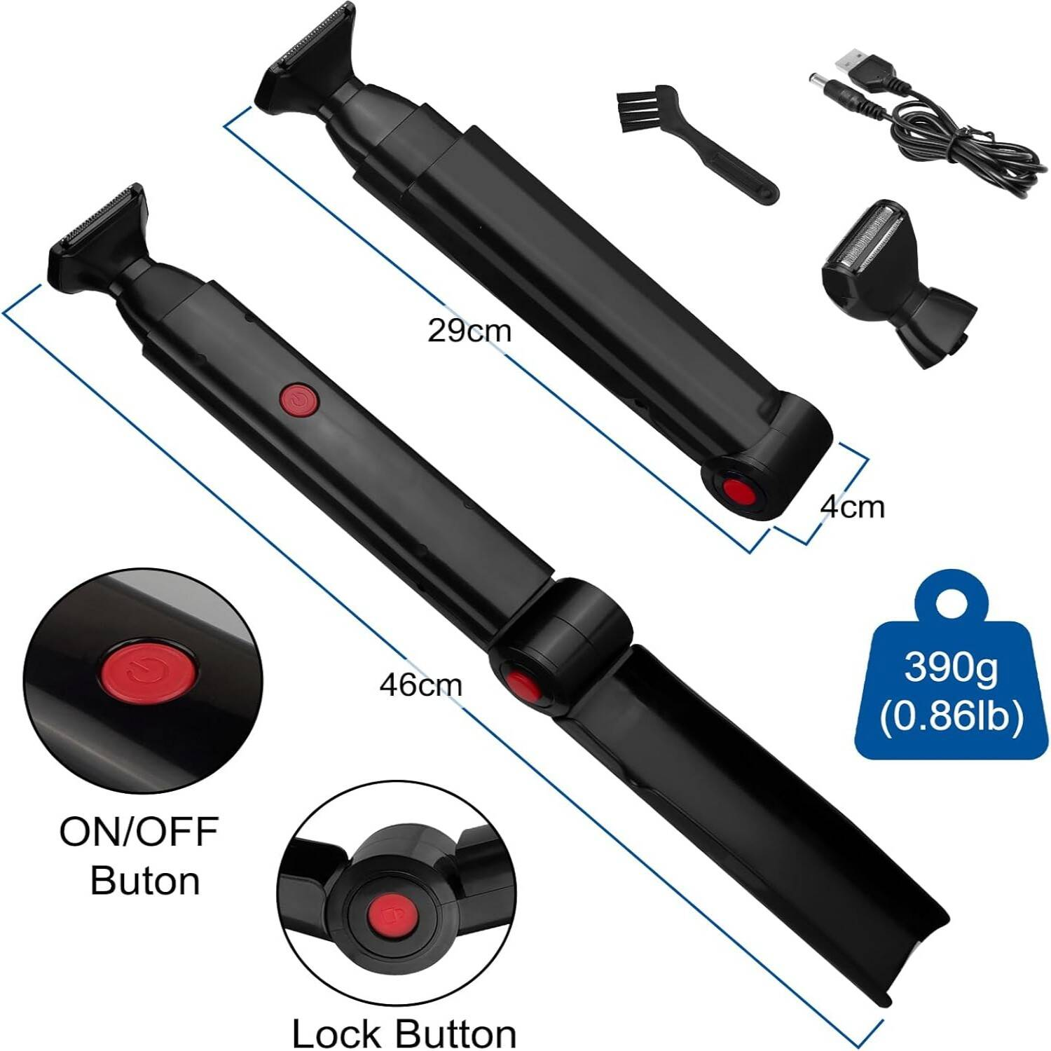 Professional Back Shaver For Men Foldable 46cm Body Shaver With & 2 Floating Heads Back Hair Remover For Chest & Shoulders