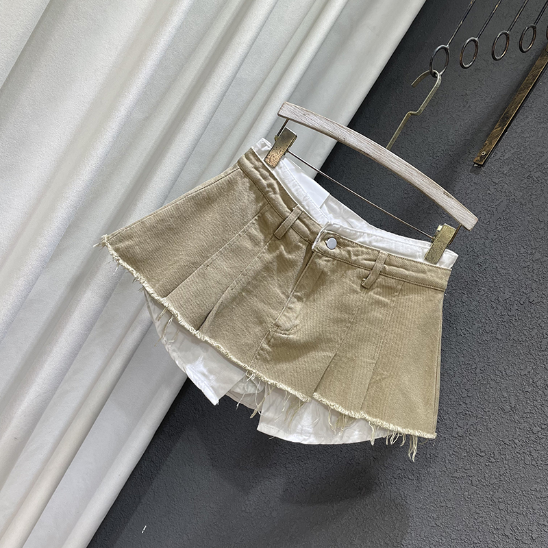 Loose Patchwork Niche Irregular Fake Two A line Skirt Khaki - Shop at LoveMi