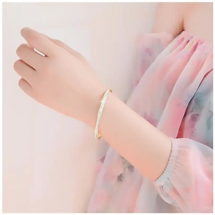 Double Row Drill Zircon Full Star Gold Titanium Steel Bracelet
