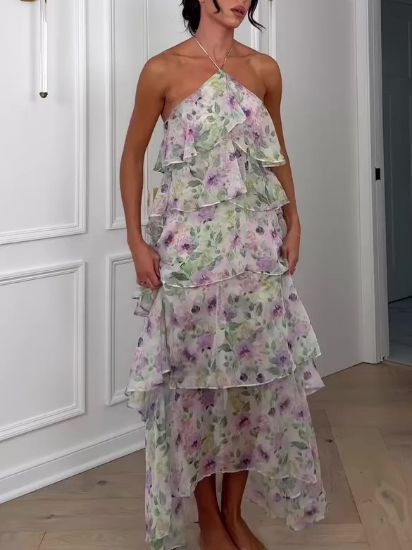 Floral Halterneck Sleeveless Ruffle Dress