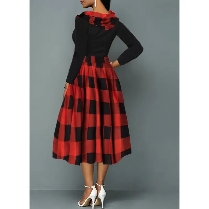 Women's Pile Collar Long-sleeved Plaid Stitching Dress