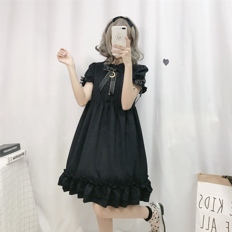 Retro Japanese Soft Girl Dark Bow Mid-length Ruffle Dress Girl