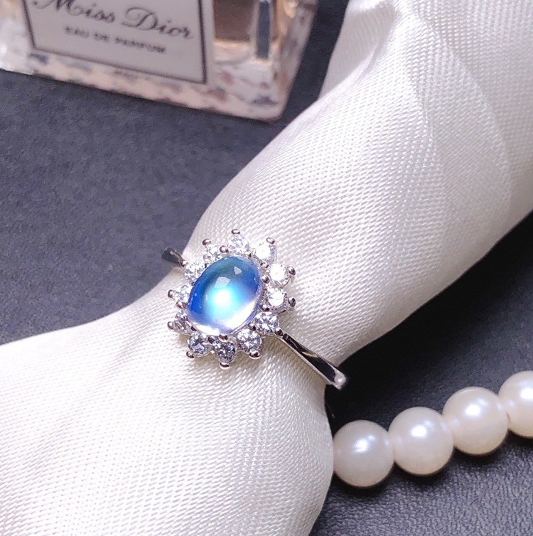 Natural Blue Moonstone Ring 925 Silver Inlaid Live Mouth