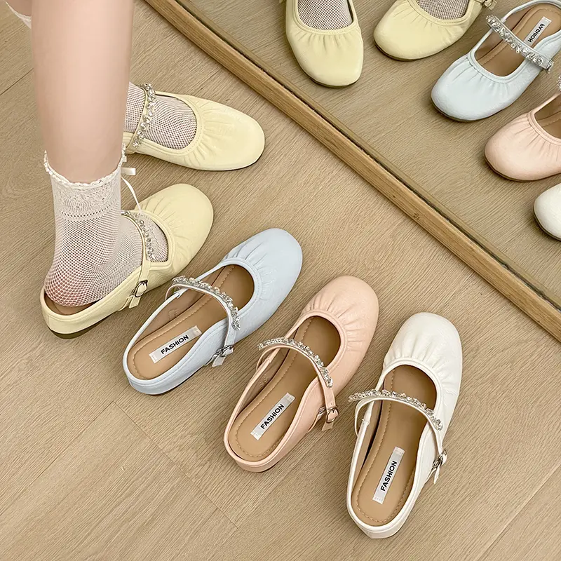 Women Gentle Ruched Soft Leather Two-Way Wear Flats Matching Daily