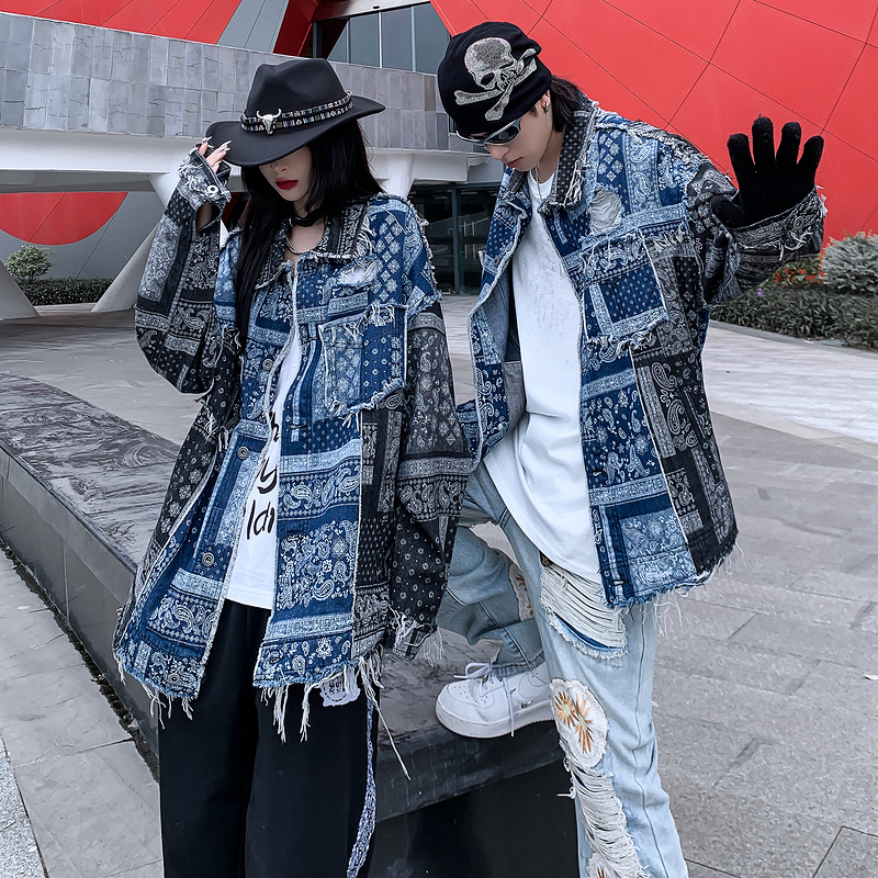 Design Stitching Contrast Cashew Flower Denim Jacket