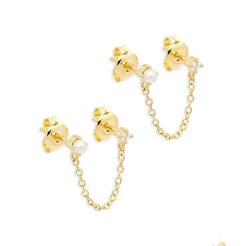 Sterling Silver Ins Tassel Chain Single Diamond Pearl Earrings