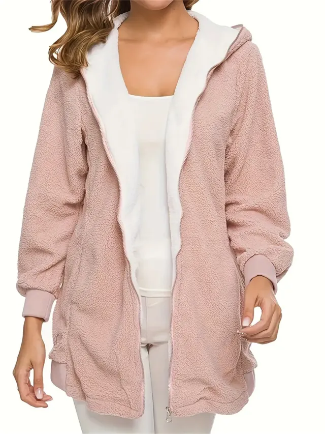 Zip Up Fuzzy Hooded Coat, Casual Pocket Long Sleeve Warm Outerwear For Fall & Winter, Women's Clothing Pink - Shop at LoveMi