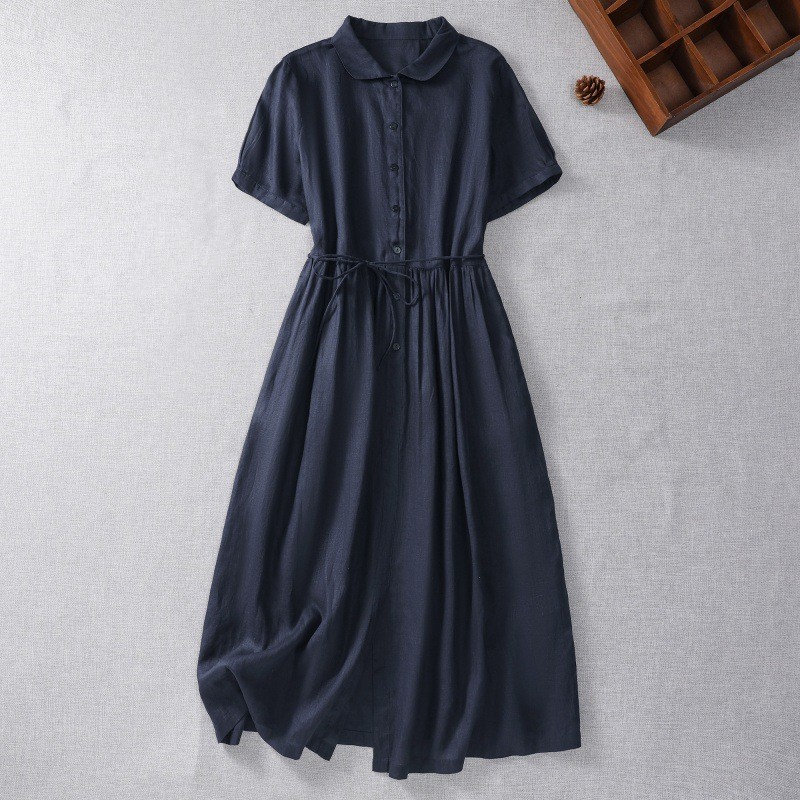 Delicate Bone Pure Linen Short-sleeved Dress Belt Cotton And Linen Shirt Skirt Women's Summer Thin