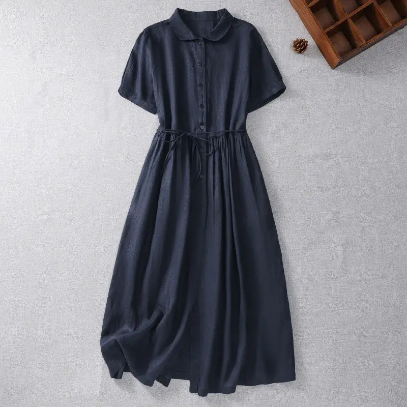 Delicate Bone Pure Linen Short-sleeved Dress Belt Cotton And Linen Shirt Skirt Women's Summer Thin