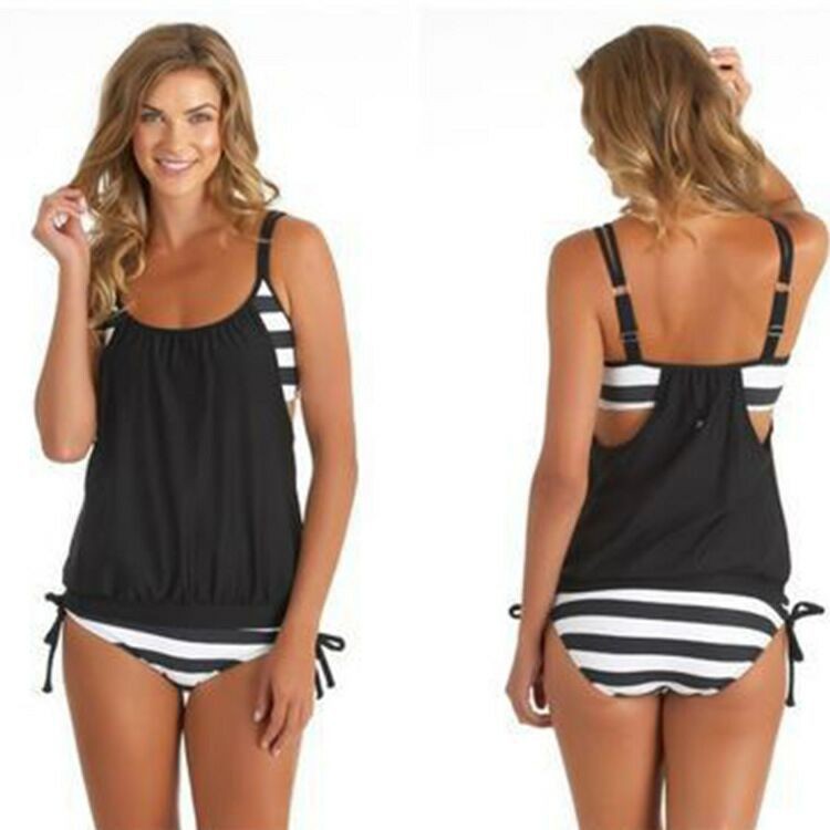 Gather Black And White Striped Split Bikini Ladies Swimsuit - Image 2