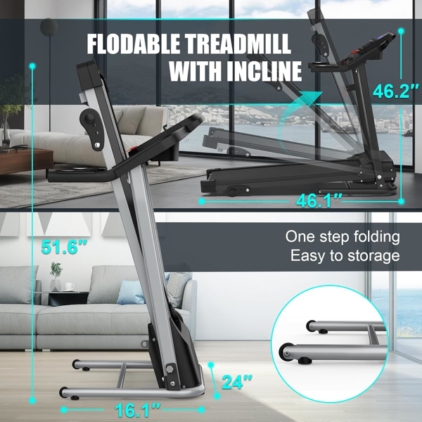 Compact Folding Treadmill for Home - 2.5HP Quiet Brushless Motor, 3-Level Incline, 7.5 MPH, Shock Absorption, Space-Saving Design for Running, Walking - Treadmill for Small Spaces & Home Use-14