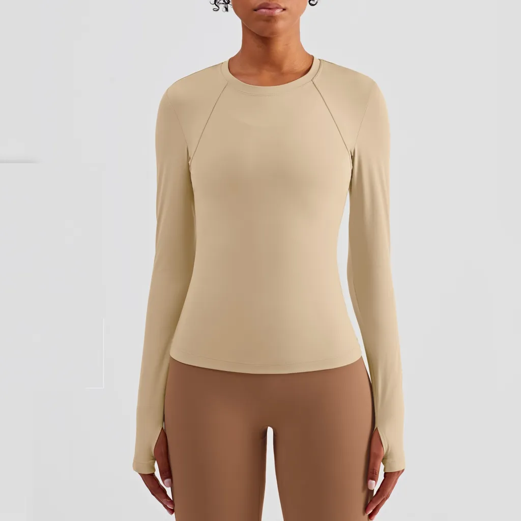 Women's Tight And Comfortable Fitness Sportswear Yoga Clothing Top Long Sleeve - Light Camel