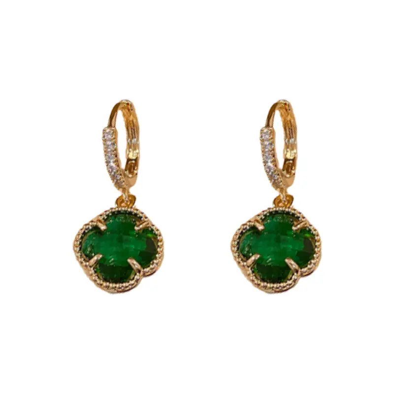 Gold Plated Emerald Zircon Flower Earrings