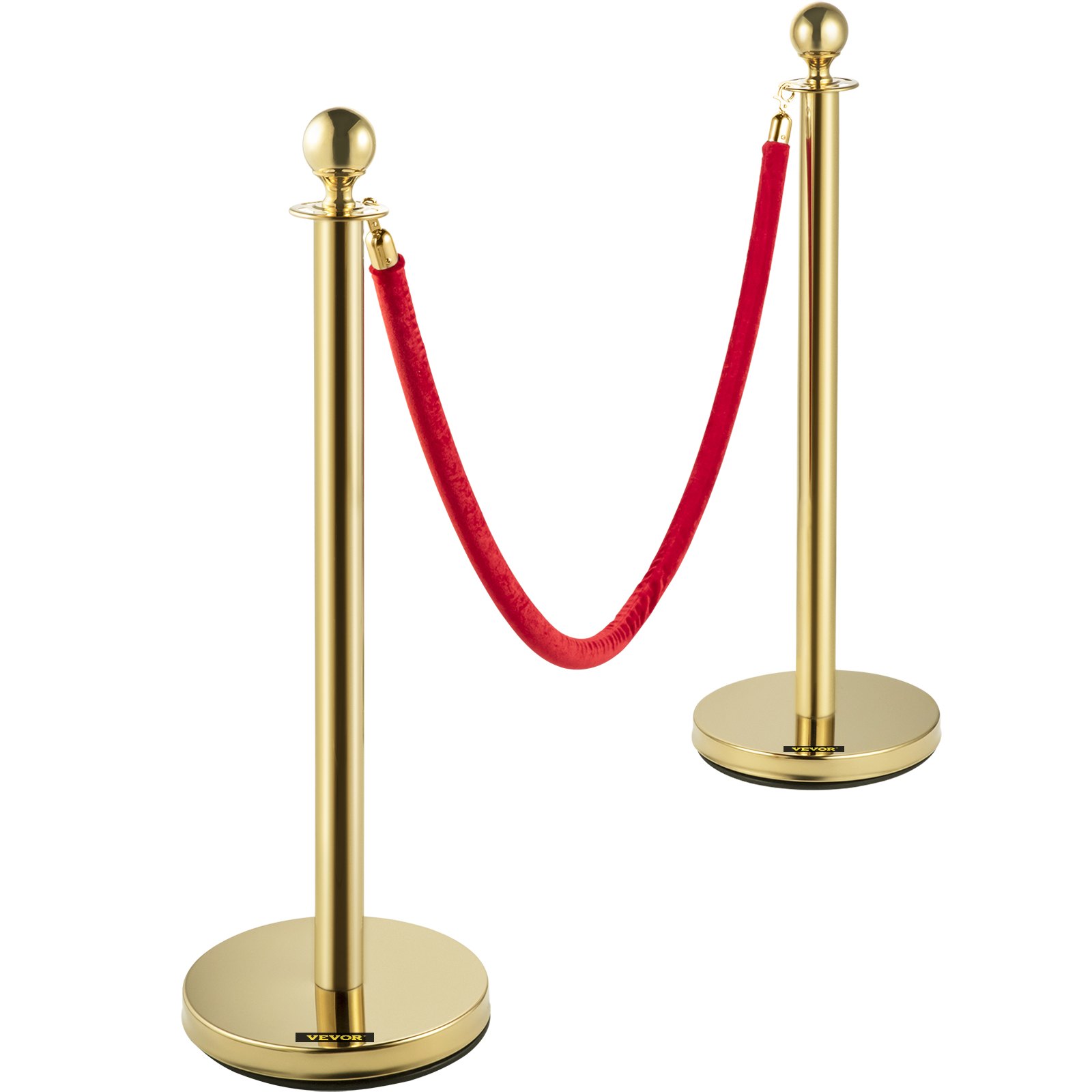 Velvet Ropes And Posts, 5 Ft-1.5 M Red Rope, Stainless Steel Gold Stanchion With Ball Top, Red Crowd Control Barrier Used For Theaters, Party, Wedding, Exhibition, Ticket Offices Pack Sets -6