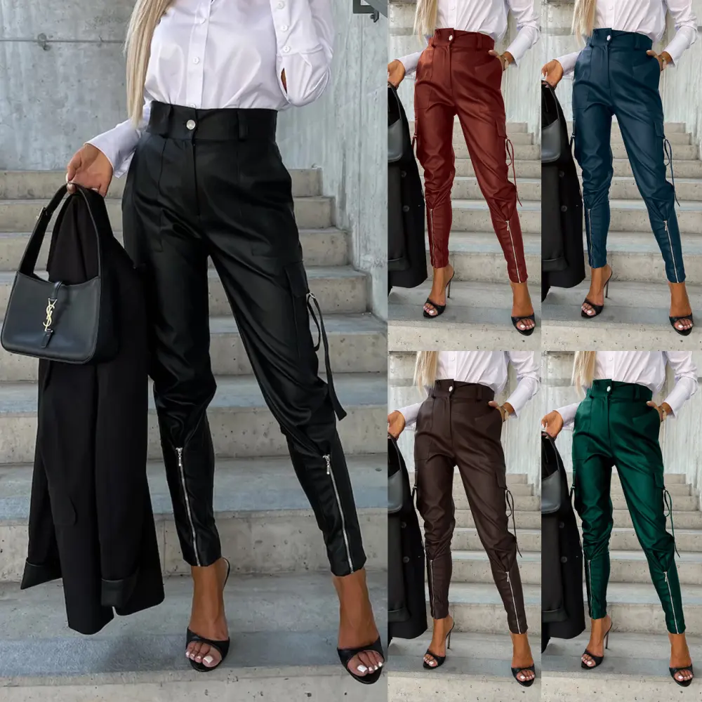 Fashion Slim-fitting Leather Trousers Women Waist-cinching Zipper Design Pants