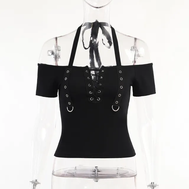 Europe And The United States Dark Wind Eyelet Strap Halter Top Black - Shop at LoveMi