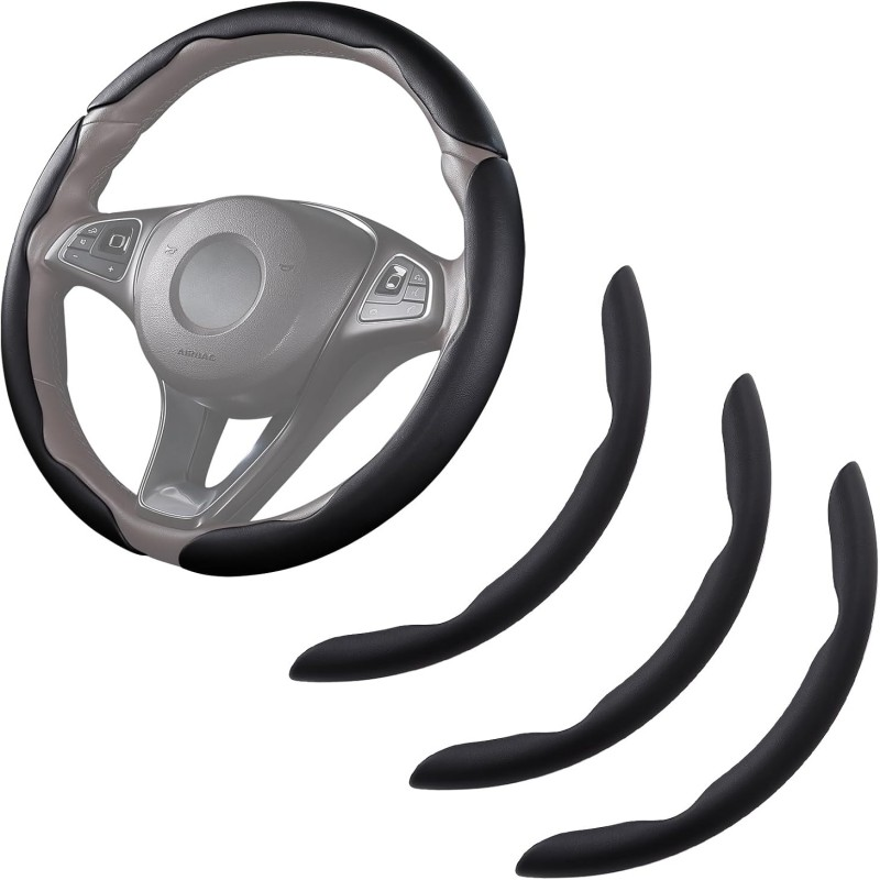 Car Steering Wheel Cover - Leather Snap-on Three-piece Set - Anti-slip Protection Cover - Steering Wheel Control Accessory - Universal Model - Black