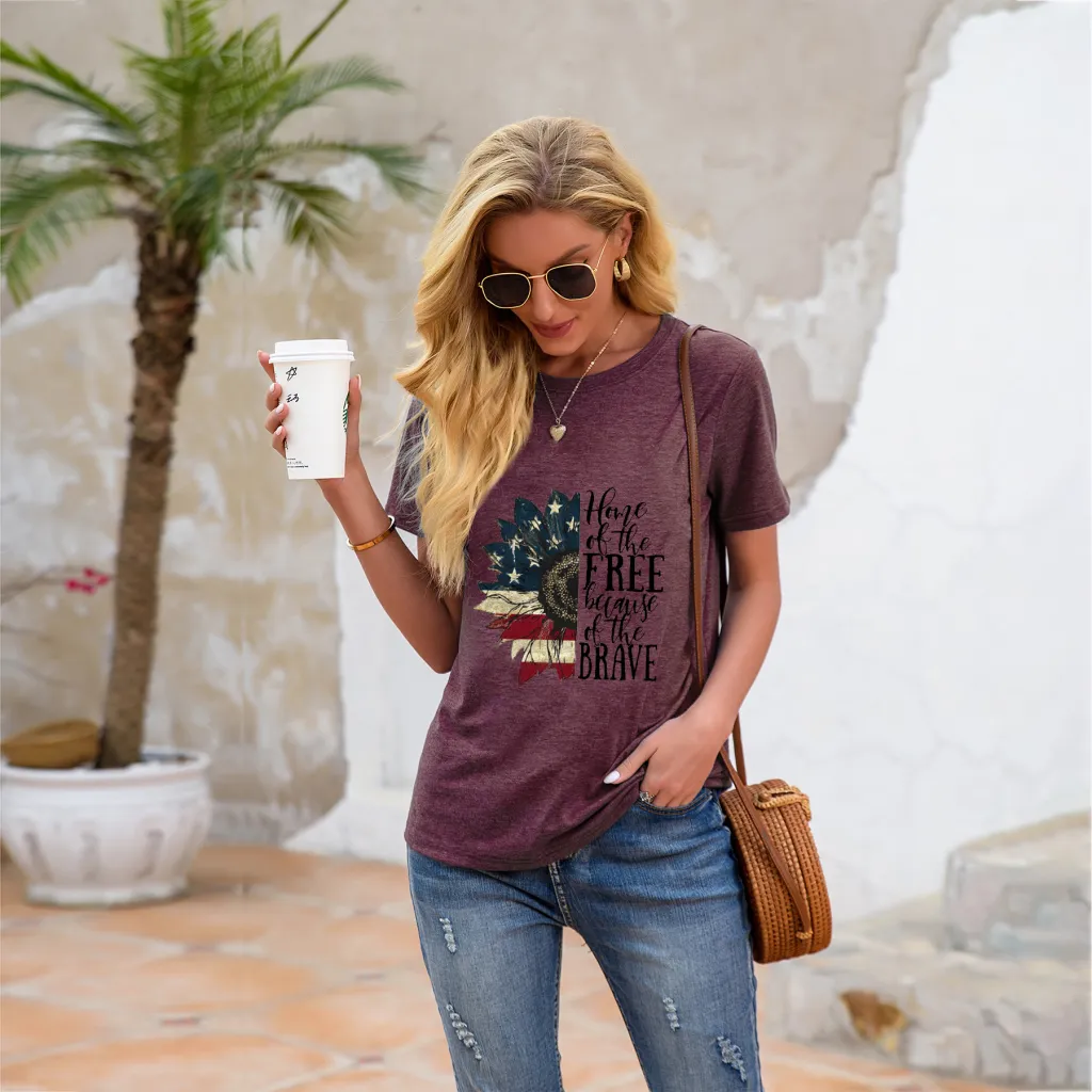 Independence Day Personality Print Casual T-Shirt - Wine Red