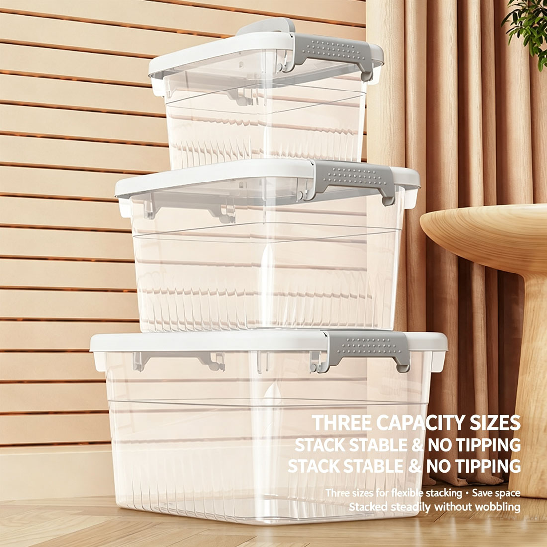 4PCS Clear Plastic Storage Boxes With Lids Stackable Box Home Office Kitchen UK — image 4