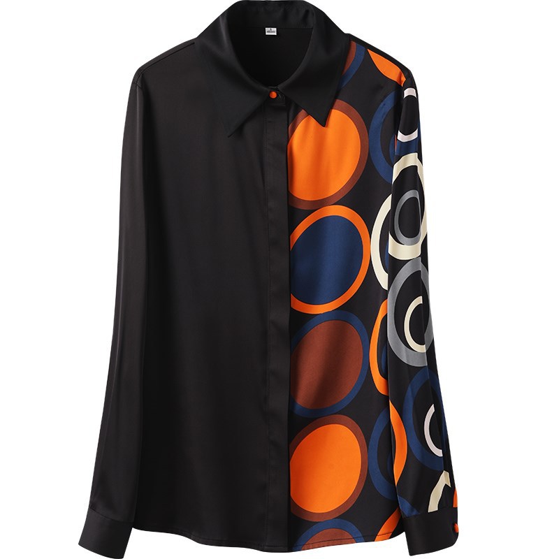 Title 7, Ladies Black Printed Long-sleeved Satin Shirt