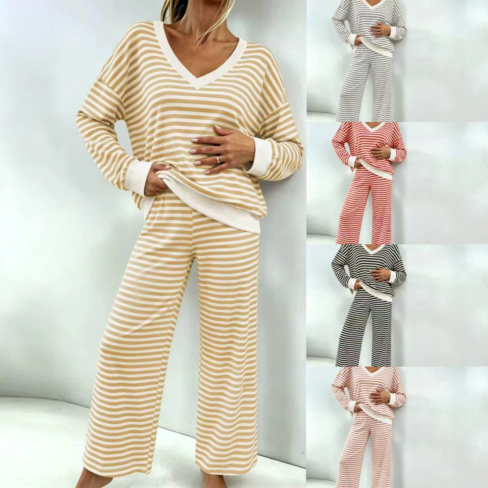 Women Casual Horizontal Striped Loungewear Pajama Set, V-Neck Long Sleeve Loose Pullover Tops High Waist Wide Leg Pants Soft Sleepwear Outfit