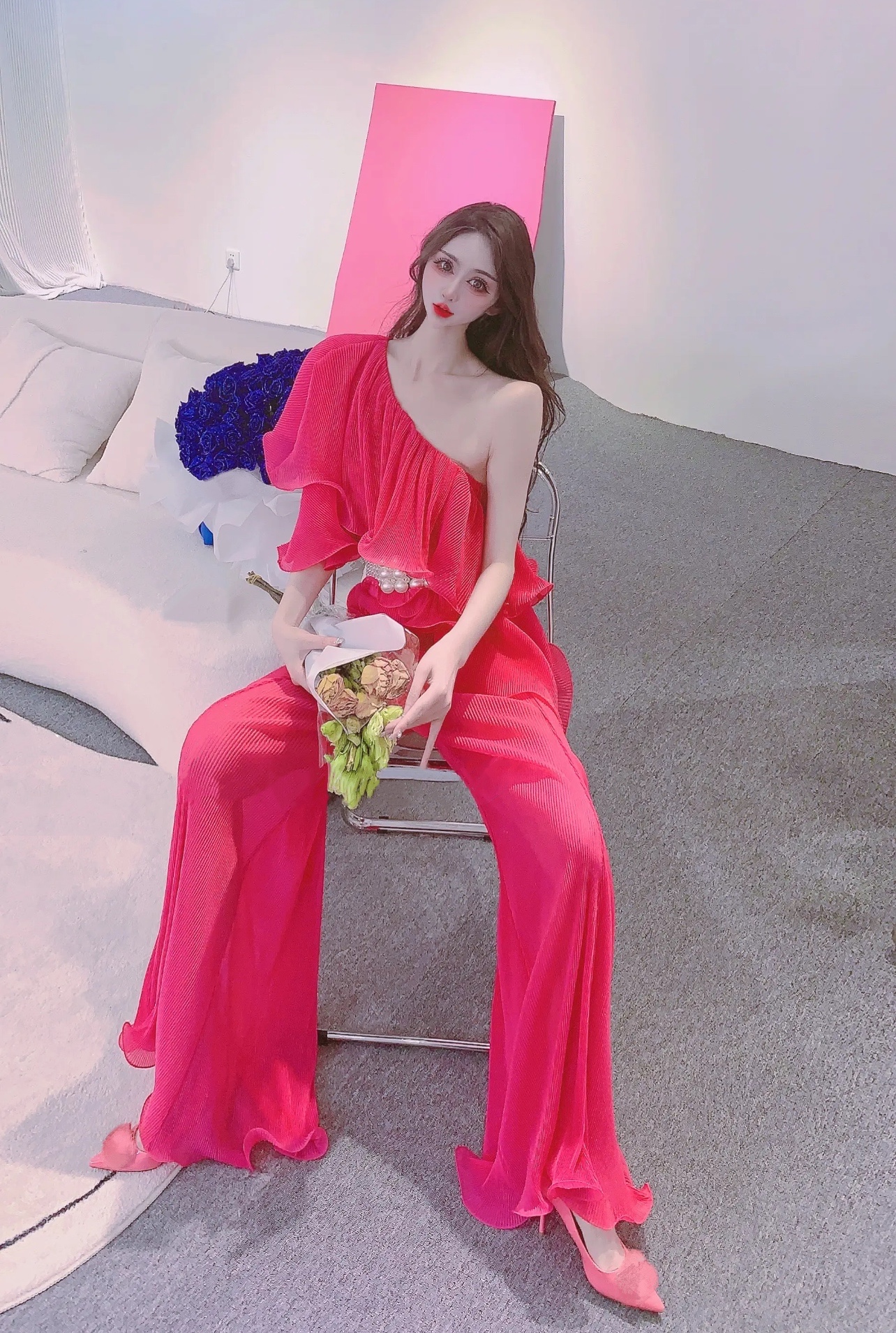 Sloping Shoulder Ruffle Roll Bevel Top Wide Leg Pants Set