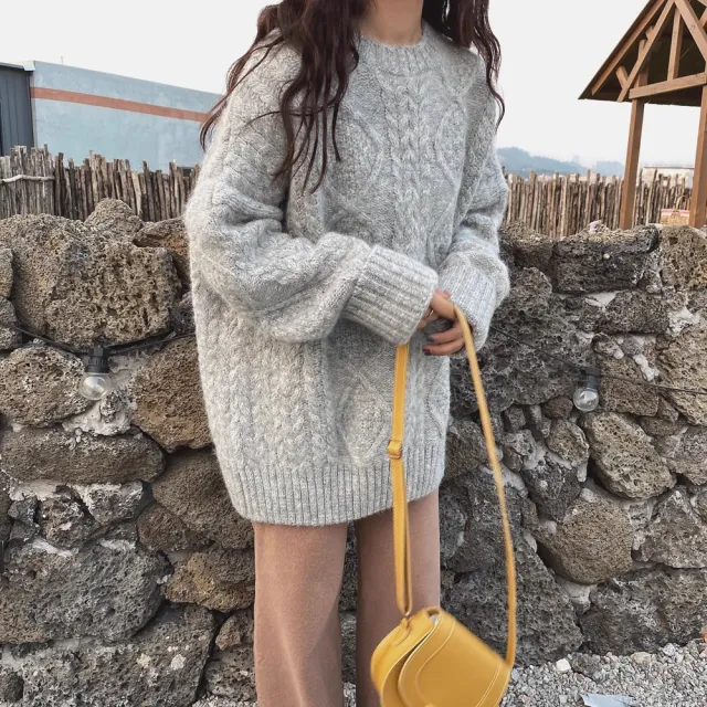 Mohair Sweater For Women For Autumn And Winter Outer Wear Thickened Loose Cozy Style Pullover Mid length Twist Knitted Sweater Grey - Shop at LoveMi