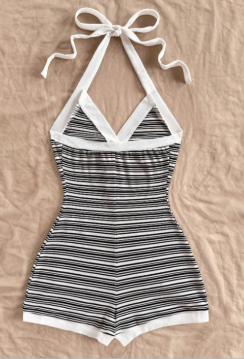 Black & White Striped Halter Knit Romper