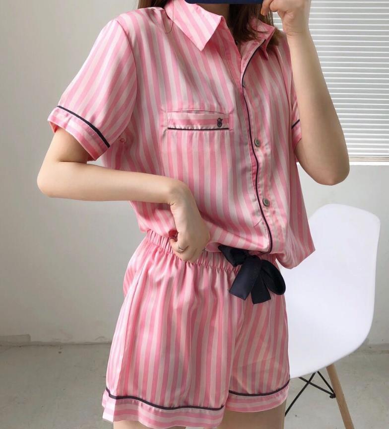 Title 5, Striped Printed Short-sleeved Shorts Set Satin ...