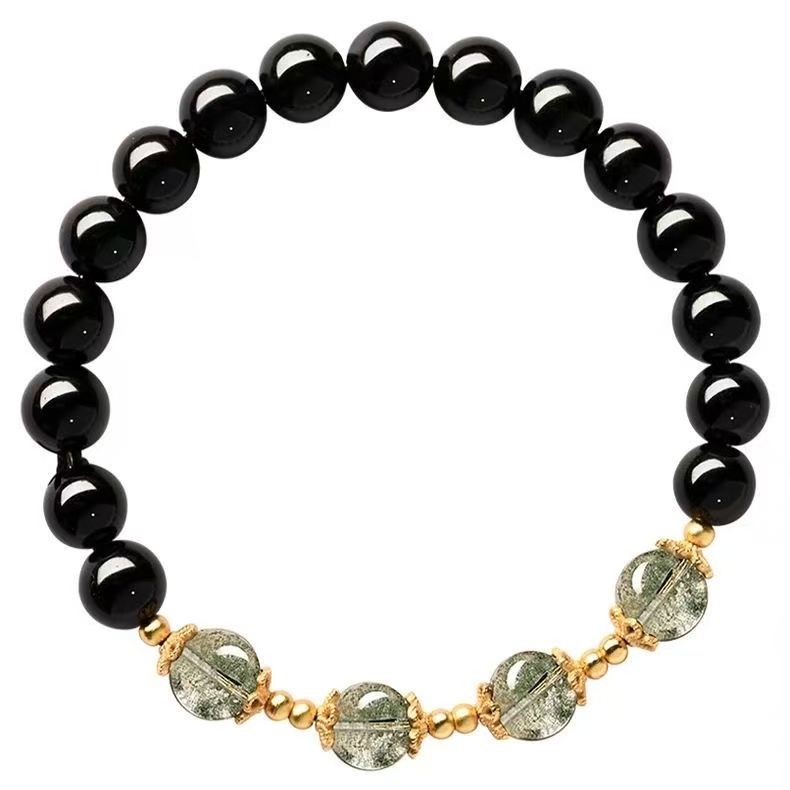 Natural Black Obsidian  Green Phantom Bracelet Fortune Bead Two Tone Chain Unisex Wealth Protection Jewelry