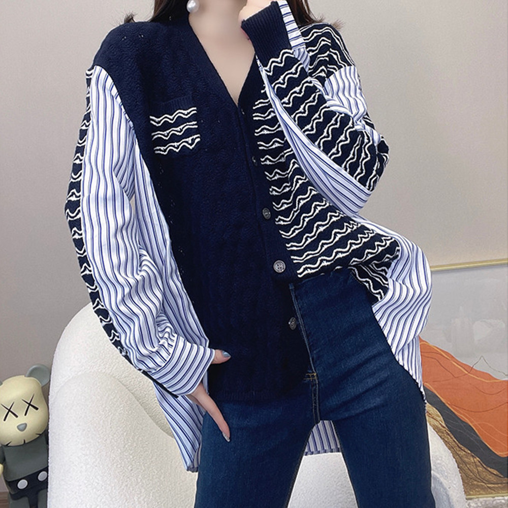 Fashionable V-neck Stitching Striped Loose Thin Top
